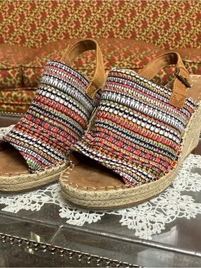 Toms Multicolor Woven Espadrille Wedge Sandals with Tan Straps 8.5